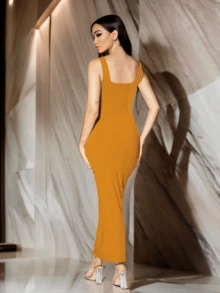 Women's Square Neck Fitted Long Dress - Jahe - View 3