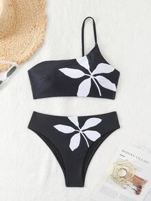 New Fashion Women Sexy Black & White Floral Print Halter Backless 2-Piece Bikini Swimwear, Perfect For Beach Holiday, Summer