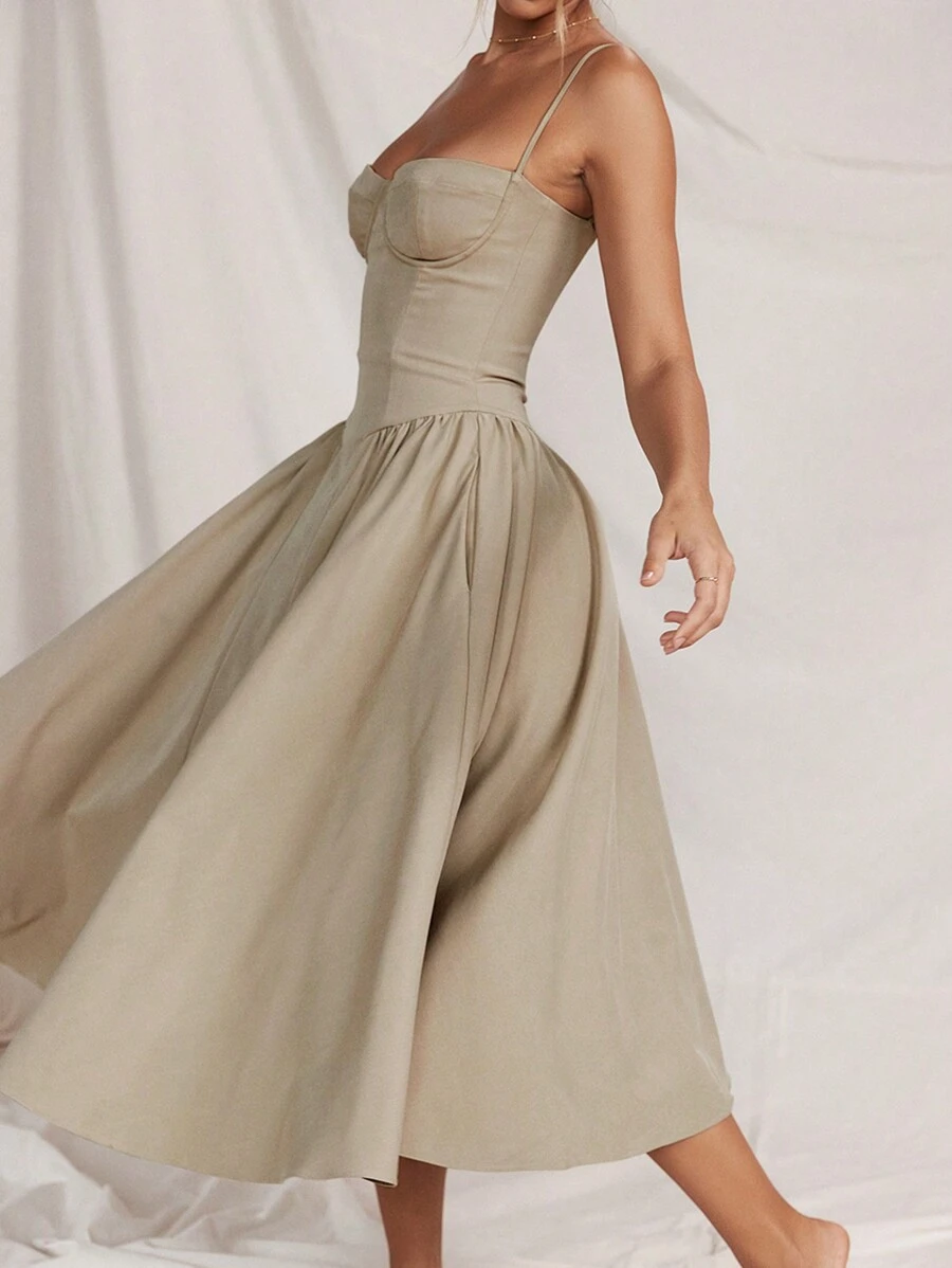 French Vintage Long Dresses With Halter - Khaki - View 1