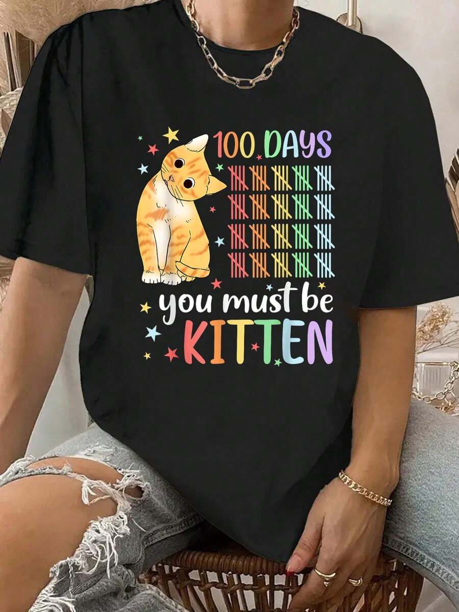 100% Cotton 100th Day Of School Cat You Must Be Kitten Student Kids T-Shirt - Black - View 1