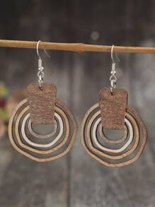 1 对新款不对称几何豹纹拼布木质圆形耳环，复古欧美潮流夸张女式耳环 - 彩色 - 查看 2