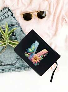 Color Gradient Butterfly Flower Letter A-Z Pattern Tote And Cosmetic Bag Set, Casual Style, Fabric Structure - Black - View 54