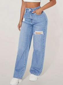 YOKASA Women's Ripped Straight Jeans - Light Wash - View 3