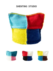 1pc Women Handmade Crochet Beanie Hat With Cute Cat Ears, Contrast Color Patchwork, Stylish & Versatile Warm Knitted Cap, Spring/Autumn New Fashion Accessory - Knitted Hat - View 1