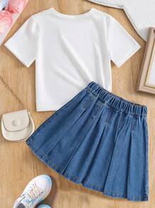Tween Girls Butterfly Print Short Sleeve Top And Denim Skirt Set - White - View 2