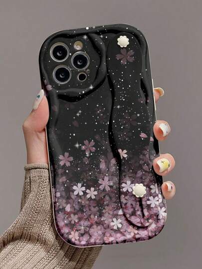1pc Fashion Wrist Strap Sakura Flower Printed Thick Shockproof Phone Protective Case With Kickstand, Compatible With Apple & Series