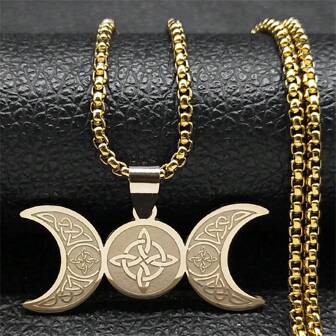 Collar de la Diosa Lunar Triple de la Bruja, Nudo Celta de Acero Inoxidable, Joyería Wicca de Protección de Medialuna