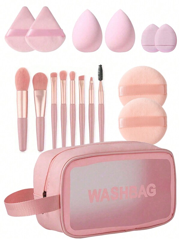 17pcs Makeup Brush Set Include: 1pc Makeup Bag, 8pcs Makeup Brushes, 2pcs Powder Puffs, 2pcs Makeup Sponges, 2pcs Triangle Clean Pads, Portable Travel Makeup Tool Kit Suitable For Eyeliner Brush, Blush Brush, Eyeshadow Brush, Lip Brush, Eyebrow Brush, Concealer Brush, Cosmetics, Lipstick, Powder Puff, Eyeshadow Palette, Toiletries