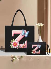 Color Gradient Butterfly Flower Letter A-Z Pattern Tote And Cosmetic Bag Set, Casual Style, Fabric Structure - Black - View 20