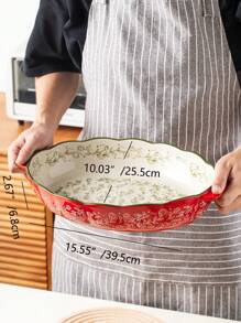 Assadeira oval de cerâmica com alça, design floral vintage vermelho, para cozinha, salada, grelhados, assados, sobremesas, pizza - pode ir ao forno e micro-ondas