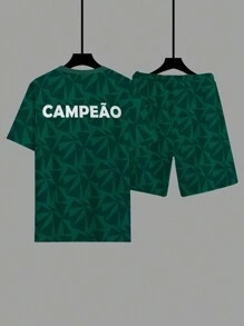 2pcs/Set Plus Size Men's Sports Style Triangle Scatter Print Football Team T-Shirt Set, Suitable For All Seasons - Dark Green - View 4