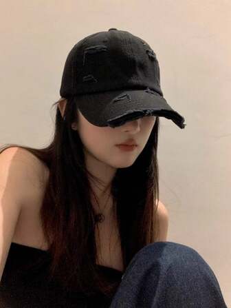 1 Pc Black Distressed Unisex Baseball Cap, Versatile For Outdoor, Commute And Daily Wear