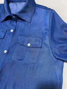 Loose Shirt Dress With Buttons Front, Casual Solid Color Split Hem Dress In Spring And Autumn, Shirt Dresses For Women - 中等水洗藍 - 查看 5