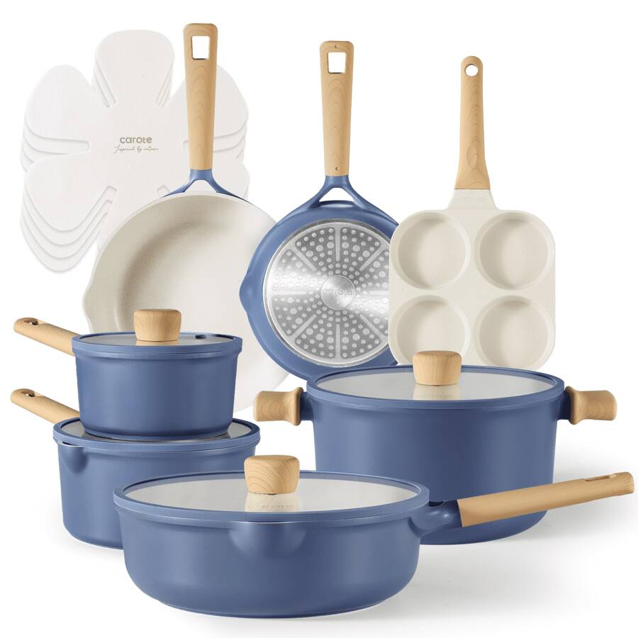 Carote Nonstick Cookware Sets, 15 Pcs Granite Non Stick Pots And Pans Set, Induction Cookware, Blue - Màu xanh lam - Xem 1
