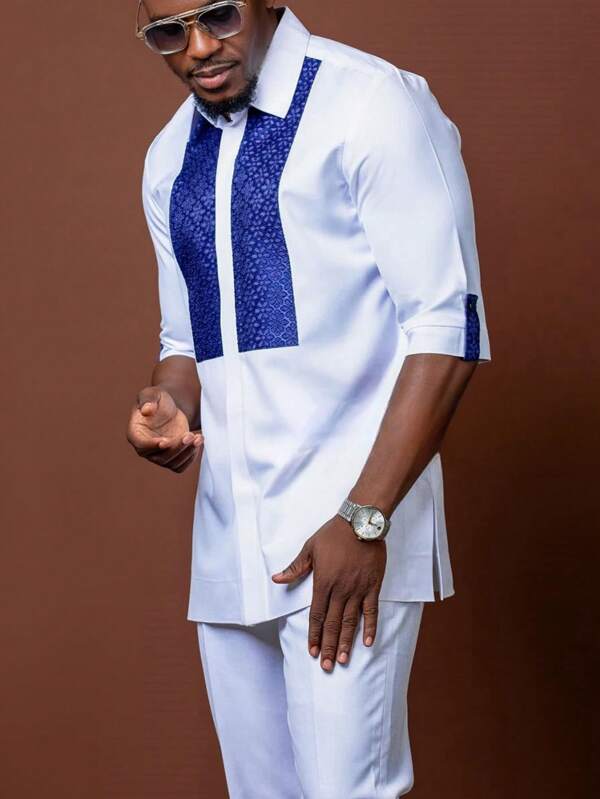 2 Pieces Men's Suit Mid Sleeve Retro Print Patchwork Shirt And Casual Pants Set African Style Men's Traditional Clothing