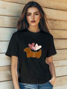 Women's Valentine's Day Cut Dog Love Kawaii Print T-Shirt Fashion Short Sleeve Round-Neck Slm Fit Tops Summer Casual Streetwear