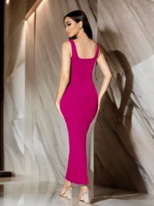 Women's Square Neck Fitted Long Dress - Hot Pink - View 3