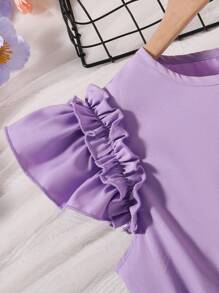 Tween Girls Ruffle Trim Patchwork Digital Printed Cinched Waist Waist Dress - Purple - View 5