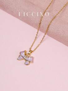 FICCINO 少女粉色蝴蝶结方晶锆石吊坠项链，配有可调节镀金钛钢 O 型链，是送给女孩和朋友的甜蜜珠宝礼物，情人节、妈妈、母亲、母亲节、礼物