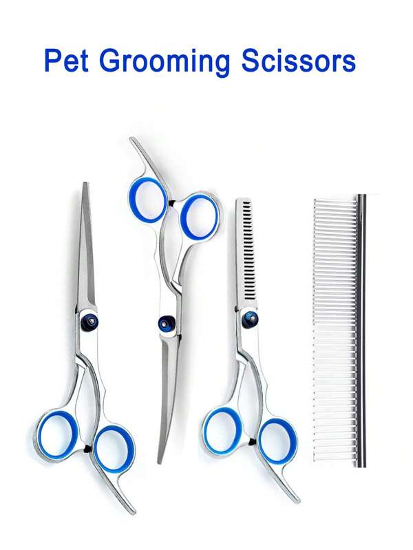 Professional Pet Grooming Scissors Set: Includes Stainless Steel Straight & Curved Scissors For Dog Hair/Fur Trimming, Rabbit Grooming Shears & Other Pet Styling Tools