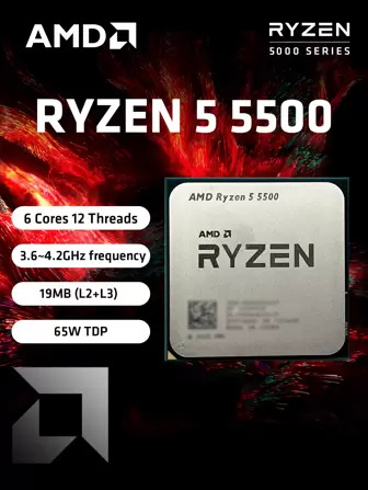 AMD Ryzen 5 5500 3.6GHz Base Clock 6-Core 12-Thread Desktop Processor CPU, AM4 Socket, No Integrated Graphics, For High End Computer Enthusiastic Gaming PC, No Heatsink Fan, No Box