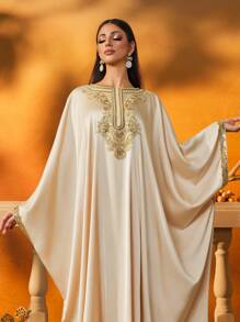 AmazingHoney Elegant Cream Kaftan Dress With Gold Embroidery Details, Batwing Sleeves, Party Abaya, Kaftan Dress, Modest Abaya Dress (Oversized Fit– Please Check Size Chart) - Apricot - View 2