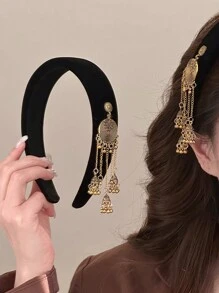 1pc Bohemian Retro Style Elegant Vintage Look Polyester Fringes & Bells Wide Hairband, Retro Sponge Headband, New Chinese, Suitable For Daily Wear, All Season,Hairband,Hair Hoop Headbands ,Head Piece Hair Accessories Head Accessories - Multicolor - View 1