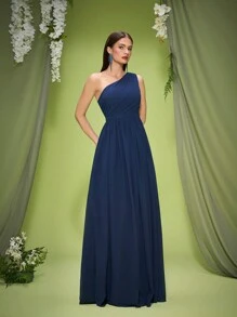 Vestido de dama de honor de un solo hombro azul oscuro Mgiacy de nueva llegada, vestido largo de gasa con fruncidos