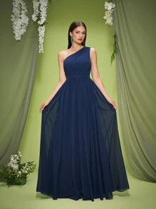 Vestido de dama de honor de un solo hombro azul oscuro Mgiacy de nueva llegada, vestido largo de gasa con fruncidos