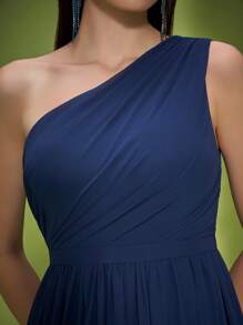 Vestido de dama de honor de un solo hombro azul oscuro Mgiacy de nueva llegada, vestido largo de gasa con fruncidos