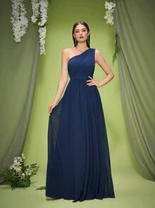 Vestido de dama de honor de un solo hombro azul oscuro Mgiacy de nueva llegada, vestido largo de gasa con fruncidos