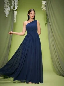 Vestido de dama de honor de un solo hombro azul oscuro Mgiacy de nueva llegada, vestido largo de gasa con fruncidos