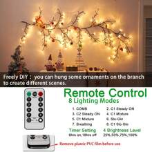 1 PC 96 LED 6Ft Flexible Brown Vine Bendable Willow Fairy Lights With 8 Modes Twinkle Artificial Tree Branches For Wall Tabletop Stairs Wedding Party Decorations USB Powered For Indoor Room Home Decor ,With 20 Fixed Buckles- Perfect For Bedroom, Party, And Holidays  Decorations - Plastic Lamp Shade, Low Voltage Operation