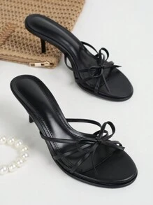 女士蝴蝶结装饰多带凉鞋，优雅时尚踝带细高跟穆勒高跟鞋，适合派对和度假风格 - 黑色 - 查看 3