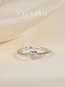 FICCINO FICCINO Classic Heart-Shaped Platinum-Plated & Cubic Zirconia Adjustable Opening Ring, Cute Lady/Couple Ring, Everyday Wear, Gift For Valentine, Anniversary, Holiday, Comes With Gift Box