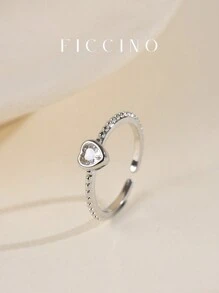 FICCINO FICCINO Classic Heart-Shaped Platinum-Plated & Cubic Zirconia Adjustable Opening Ring, Cute Lady/Couple Ring, Everyday Wear, Gift For Valentine, Anniversary, Holiday, Comes With Gift Box