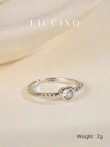 FICCINO FICCINO Classic Heart-Shaped Platinum-Plated & Cubic Zirconia Adjustable Opening Ring, Cute Lady/Couple Ring, Everyday Wear, Gift For Valentine, Anniversary, Holiday, Comes With Gift Box
