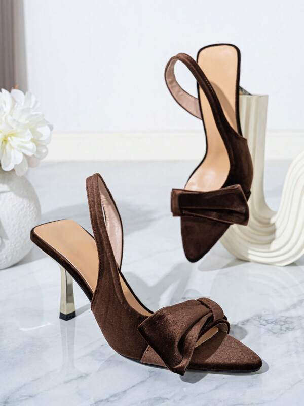 Sandales à talons hauts mode pour femmes, nouvel ensemble printemps/été, mules à talon ouvert avec grand nœud décoratif, sexy à bout ouvert, sandales à talons hauts en velours marron polyvalentes