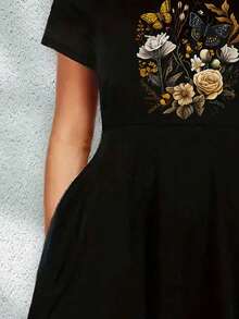 大码蝴蝶印花圆领连衣裙，春夏休闲短袖，大码女装黑色度假优雅款 - 黑色 - 查看 2