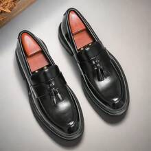 Men's Leather Shoes Tassel Loafers, Thick Sole Elevator Shoes, Slip-OnSlip-On Formal Dress Shoes Suitable For Saturday Parties, Weddings, Groom Wedding Shoes - Black - View 4