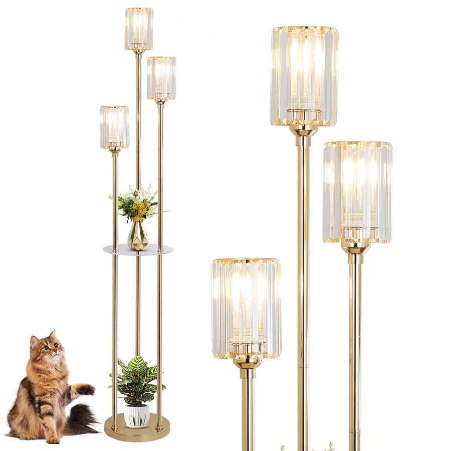 Crystal Floor Lamp With Shelves, Modern Floor Lamps For Living Room, 3-Light Standing Lamps With Table, Black Floor Lamp With Crystal Shade, On/Off Foot Switch, Corner Floor Lamp For Bedroom - 查看 1