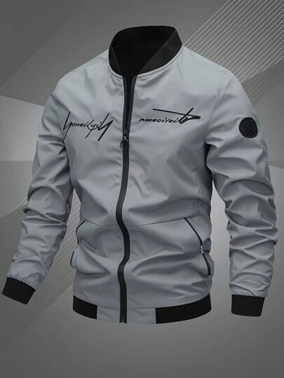 Men Outdoor Sports Windbreaker Jacket, Letter Embroidery, Bomber Style Fashionable & Versatile