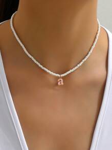 1 Pc Fashionable And Elegant Beaded Lowercase Initials Necklace Cute Pink 26 Letter Beaded Necklace Suitable For Girls' Birthday Gifts