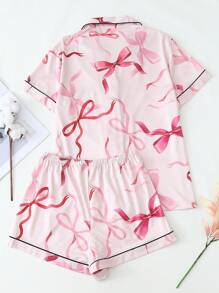 2 件夏季女士睡衣套装，带蝴蝶结印花 V 领纽扣上衣和裤子，舒适家居休闲睡衣套装，两件套 - 粉色 - 查看 2