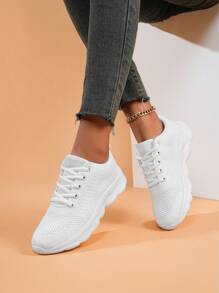 Women's Outdoor Casual Lightweight White Solid Color Breathable Non-Slip Athletic Running Shoes, Suitable For Spring/Autumn