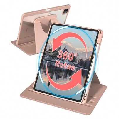 适用于 iPad 的 360° 旋转保护套，带笔槽，防震，自动唤醒/睡眠，可调节观看角度 - 粉色