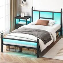 Twin Bed Frame With Charging Station, Metal Bed Frame With Port And Outlet, Black - Black - View 1