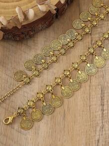1 pieza Cadena de cintura circular con moneda y borlas con grabado floral vintage de metal desgastado, cinturón de cintura versátil bohemio, adecuado para uso diario, fiestas y eventos de mujeres - color dorado antiguo - Ver 3