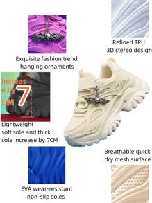 Women Silver Metal Shiny Angel Skull Decor Casual Sneakers With 7cm Thick Sole Platform, Versatile Beige High Heels, Comfortable Warm Autumn/Winter Women Outdoor Sports Shoes For Teenagers, College Students, Breathable Light Weight Non-Slip Summer Mesh Running Shoes For Daily, Date, Gym, Office Wear