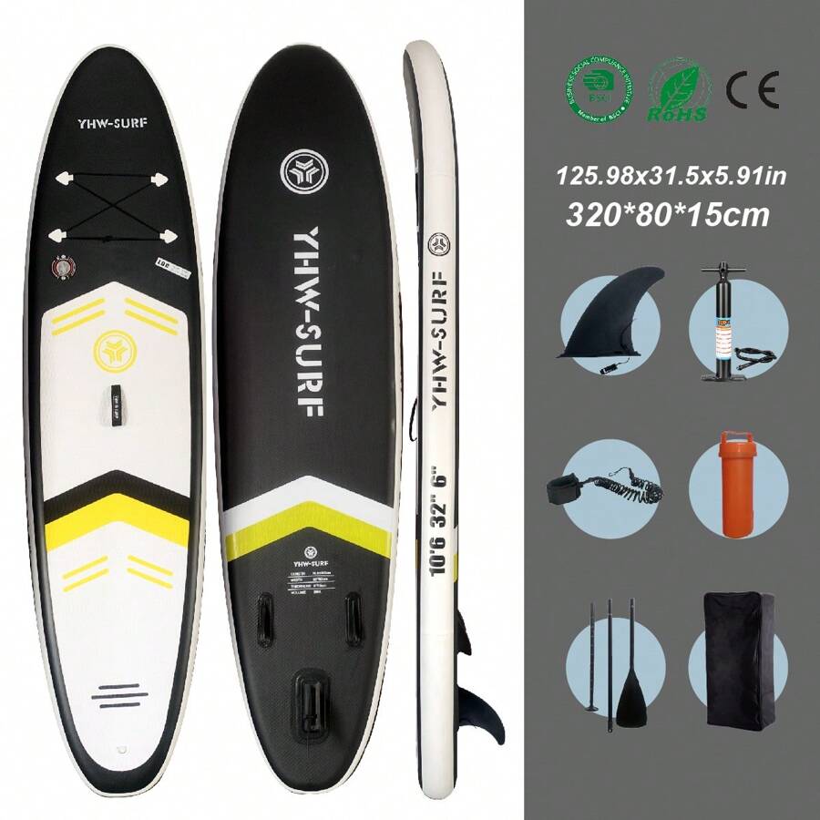 YHW-SURF 1 Set Inflatable Stand Up Paddleboard For Men & Women, Black PVC Paddle Board With Full Accessories Including Hand Pump, Detachable Paddle, Ankle Leash, Backpack, Removable Fin And Repair Kit